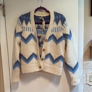 Faherty Blue and Cream Fair Isle Cardigan Sweater